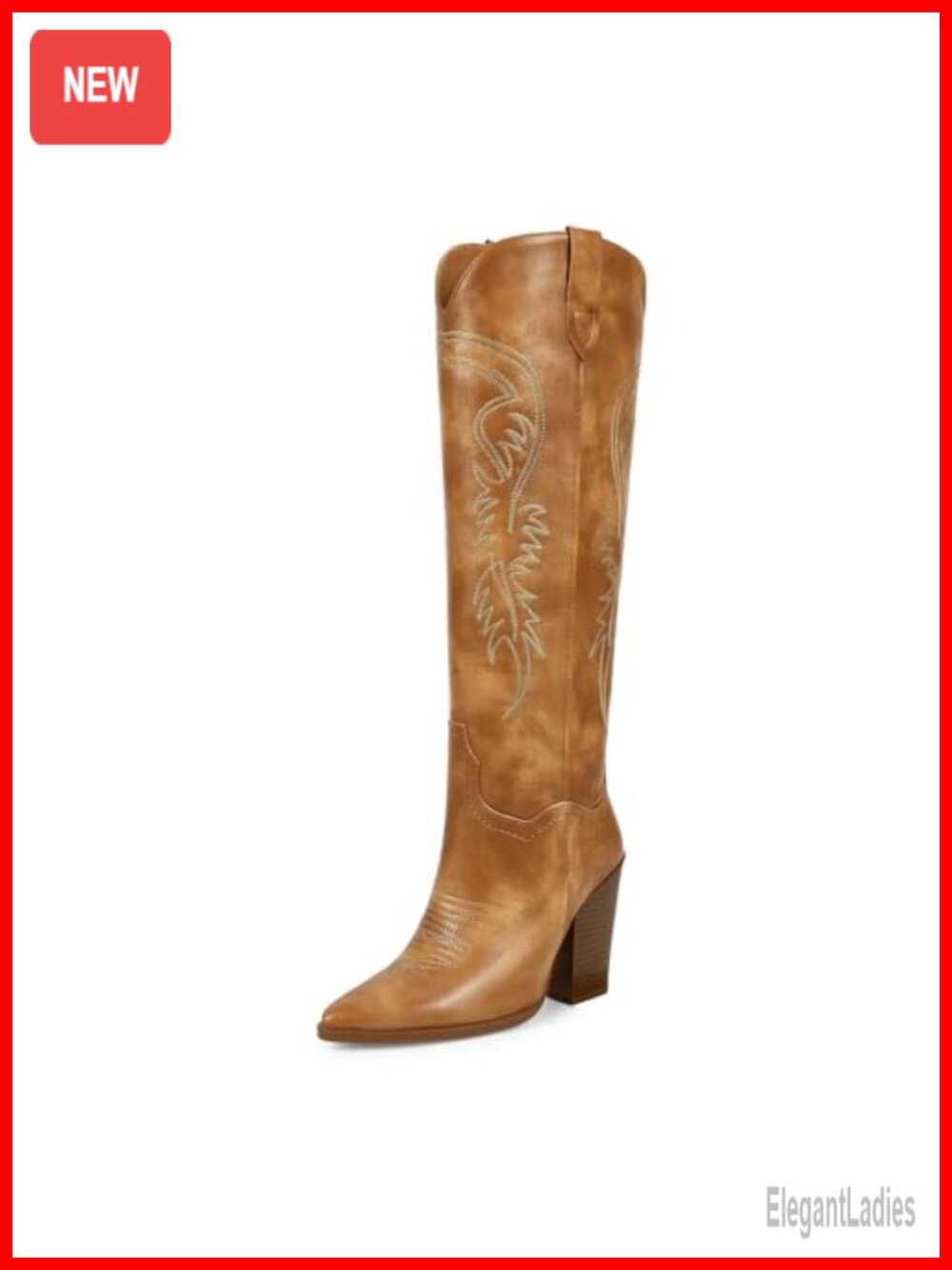 Faux Leather Knee High Cowboy Boots Pointed Toe Block Heel Western